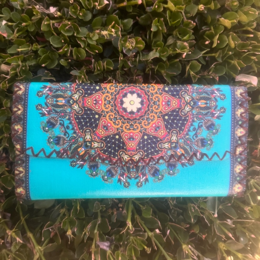 Turquoise Printed Foldover faux leather Wallet - Stylish Women’s Clutch
